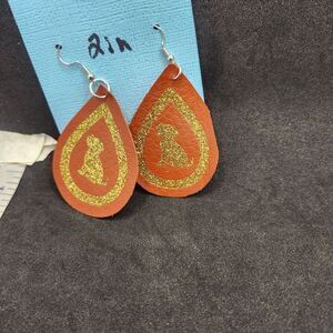 Hand Crafted Dangle Earring Faux Leather Dog Brown and Gold Teardrop